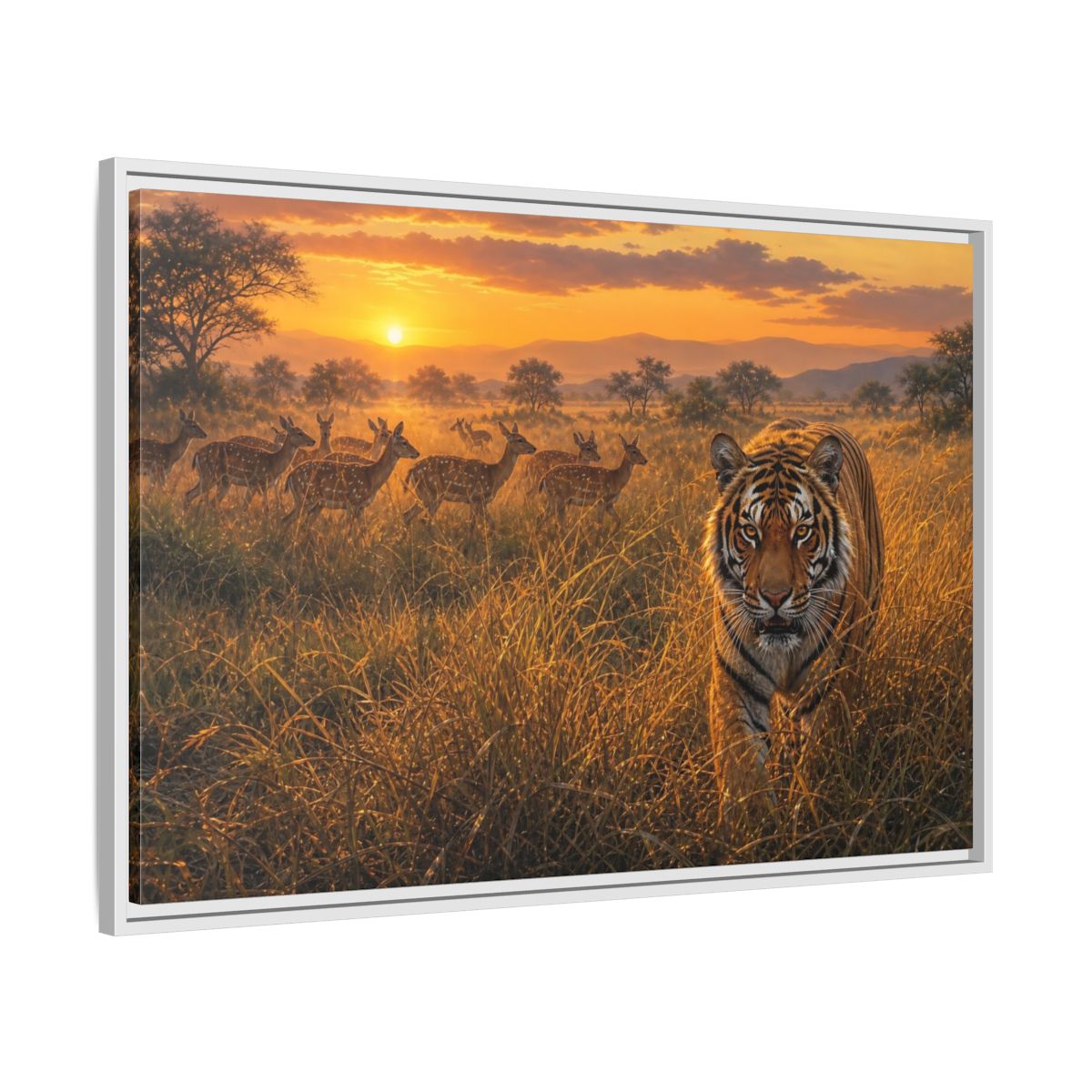 Side Mockup 9. Tiger And Deer At Sunset shown as framed canvas print