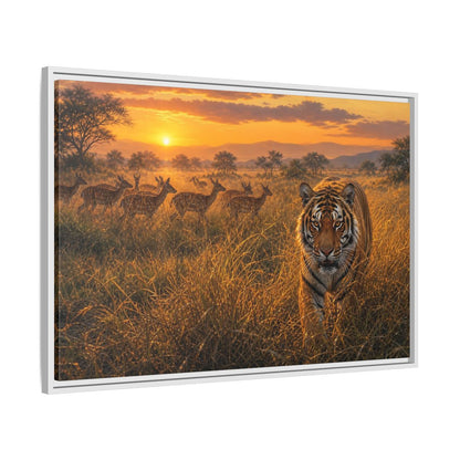Side Mockup 9. Tiger And Deer At Sunset shown as framed canvas print