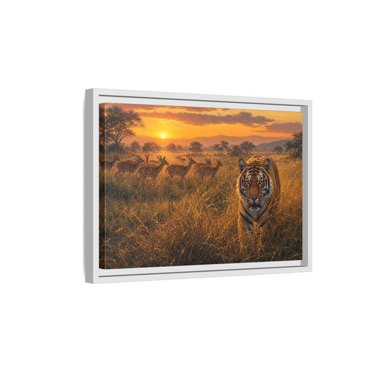 Side Mockup 4. Tiger And Deer At Sunset shown as framed canvas print