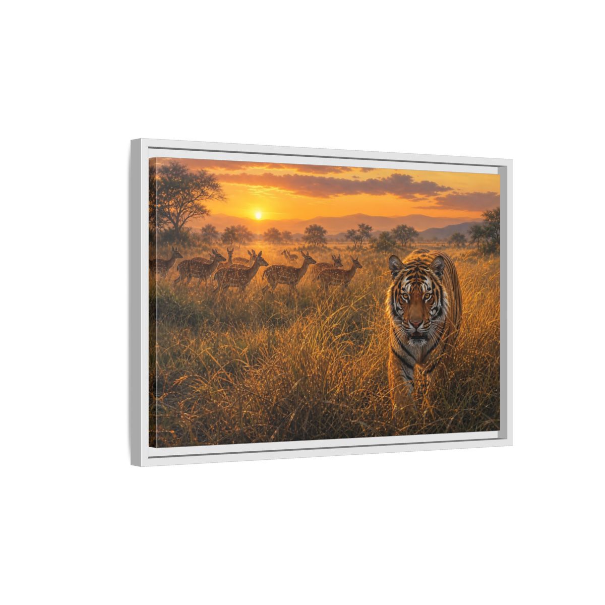 Side Mockup 1. Tiger And Deer At Sunset shown as framed canvas print