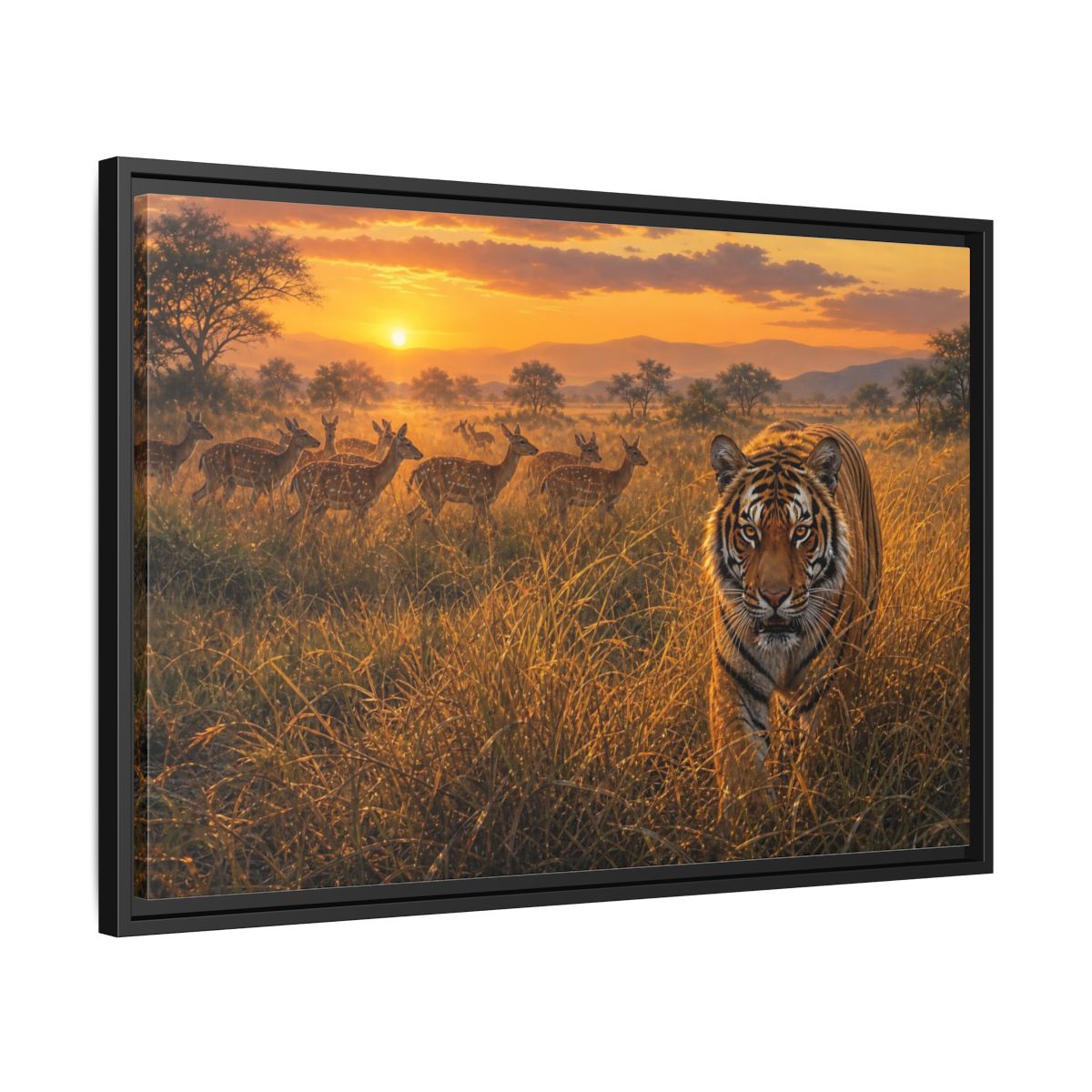 Side Mockup 14. Tiger And Deer At Sunset shown as framed canvas print
