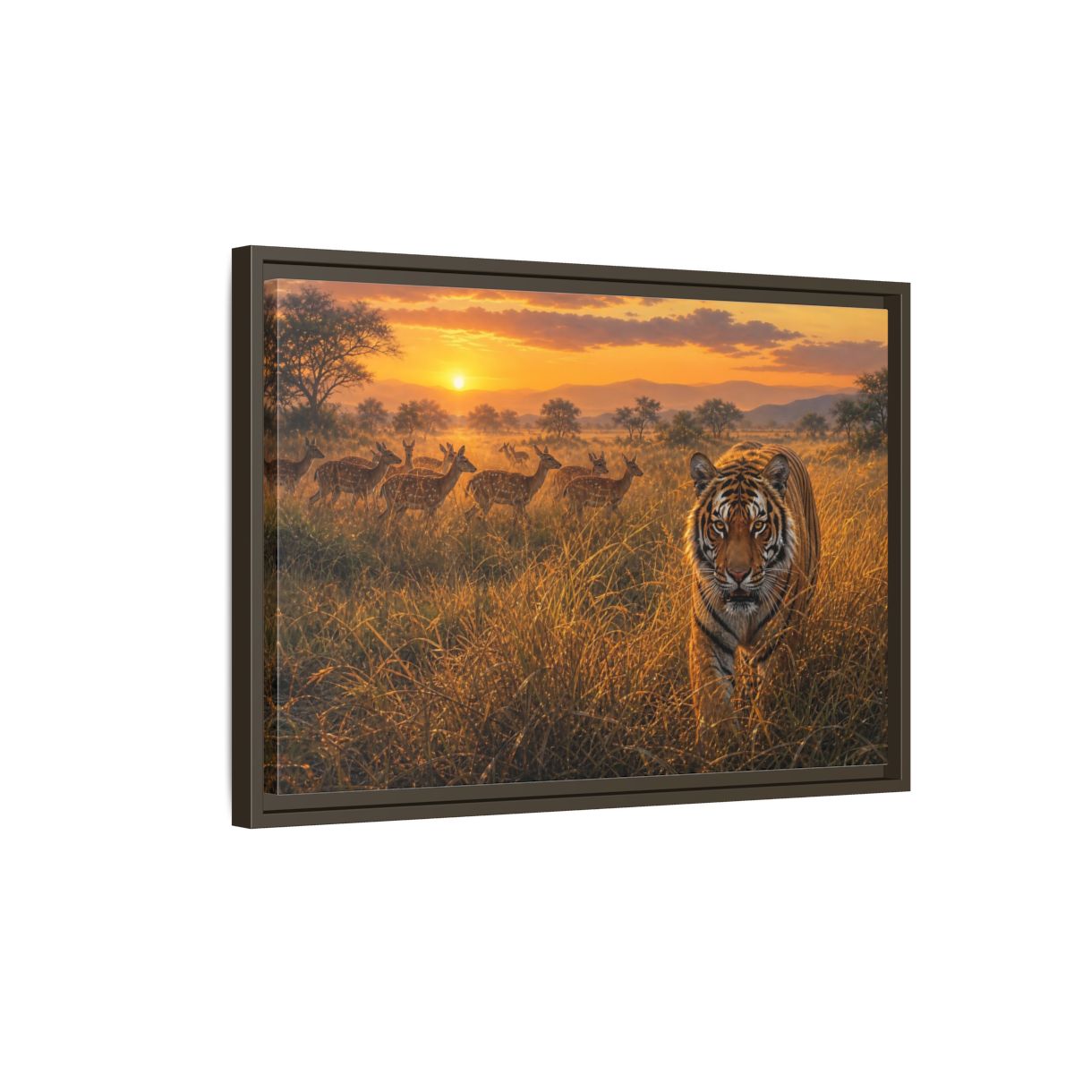 Side Mockup 2. Tiger And Deer At Sunset shown as framed canvas print
