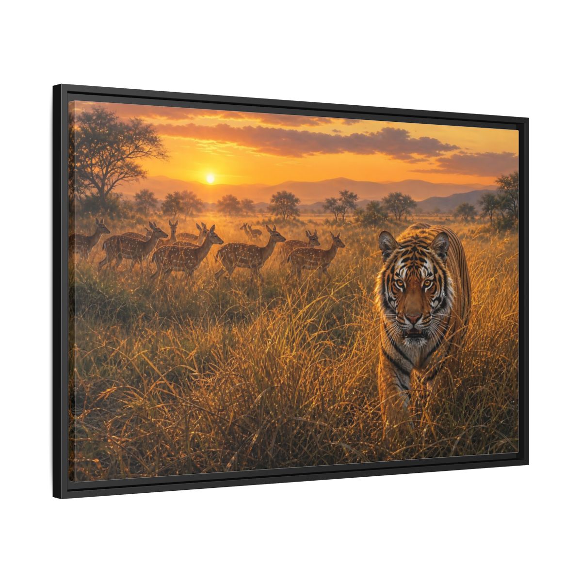 Side Mockup 13. Tiger And Deer At Sunset shown as framed canvas print