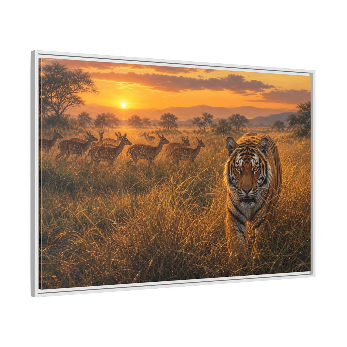 Side Mockup 7. Tiger And Deer At Sunset shown as framed canvas print