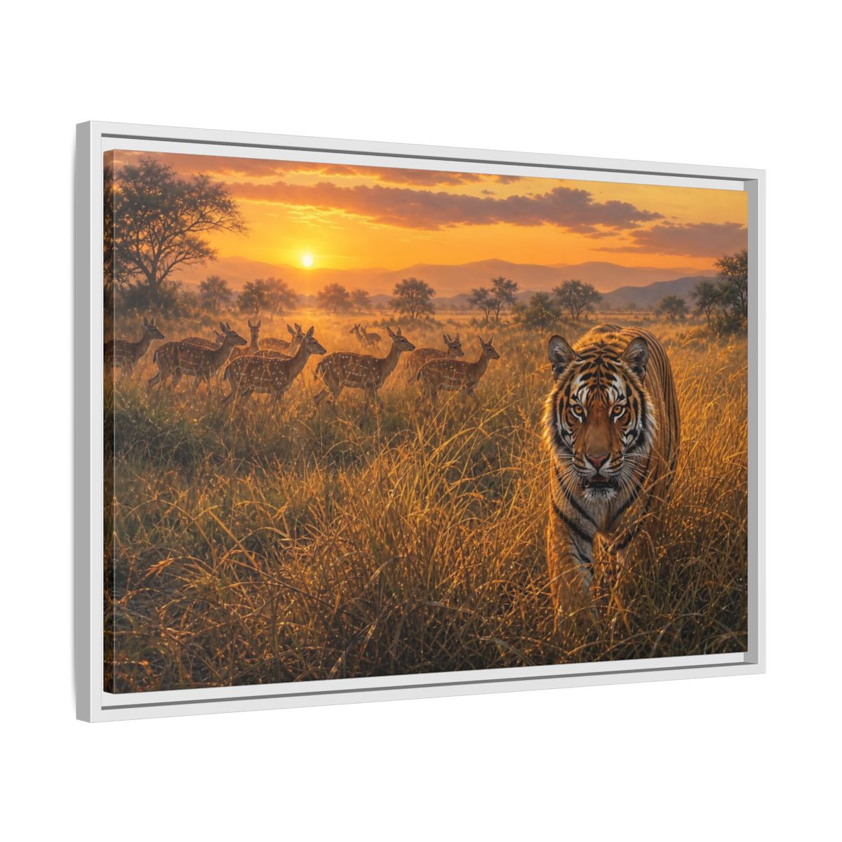 Side Mockup 10. Tiger And Deer At Sunset shown as framed canvas print