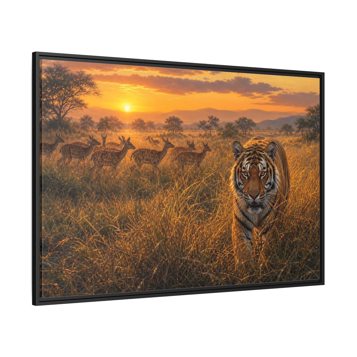 Side Mockup 12. Tiger And Deer At Sunset shown as framed canvas print