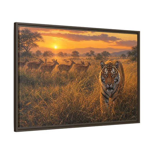 Main Mockup. Tiger And Deer At Sunset shown as framed canvas print
