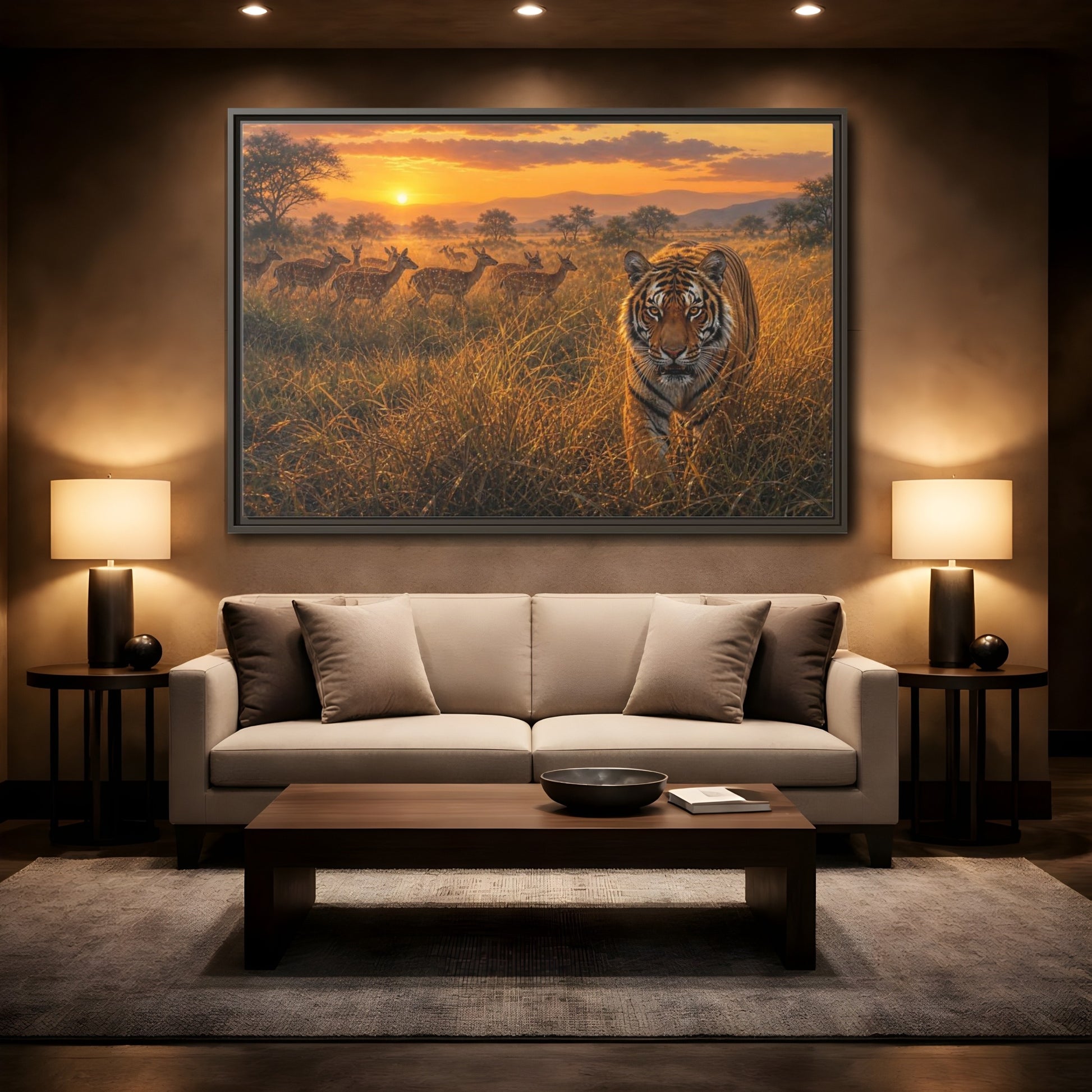 Mockup 2. Tiger And Deer At Sunset shown as framed canvas print