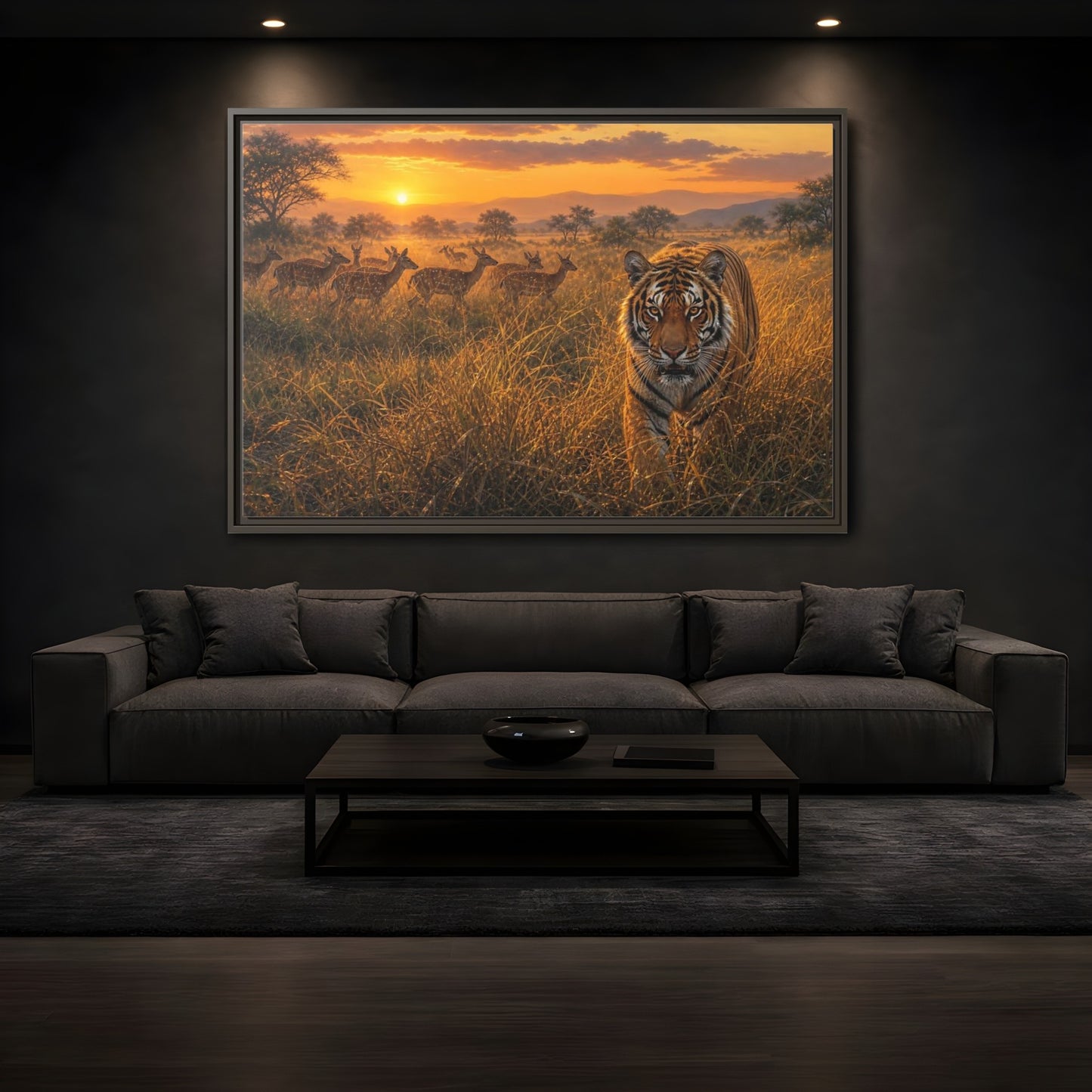 Mockup 3. Tiger And Deer At Sunset shown as framed canvas print