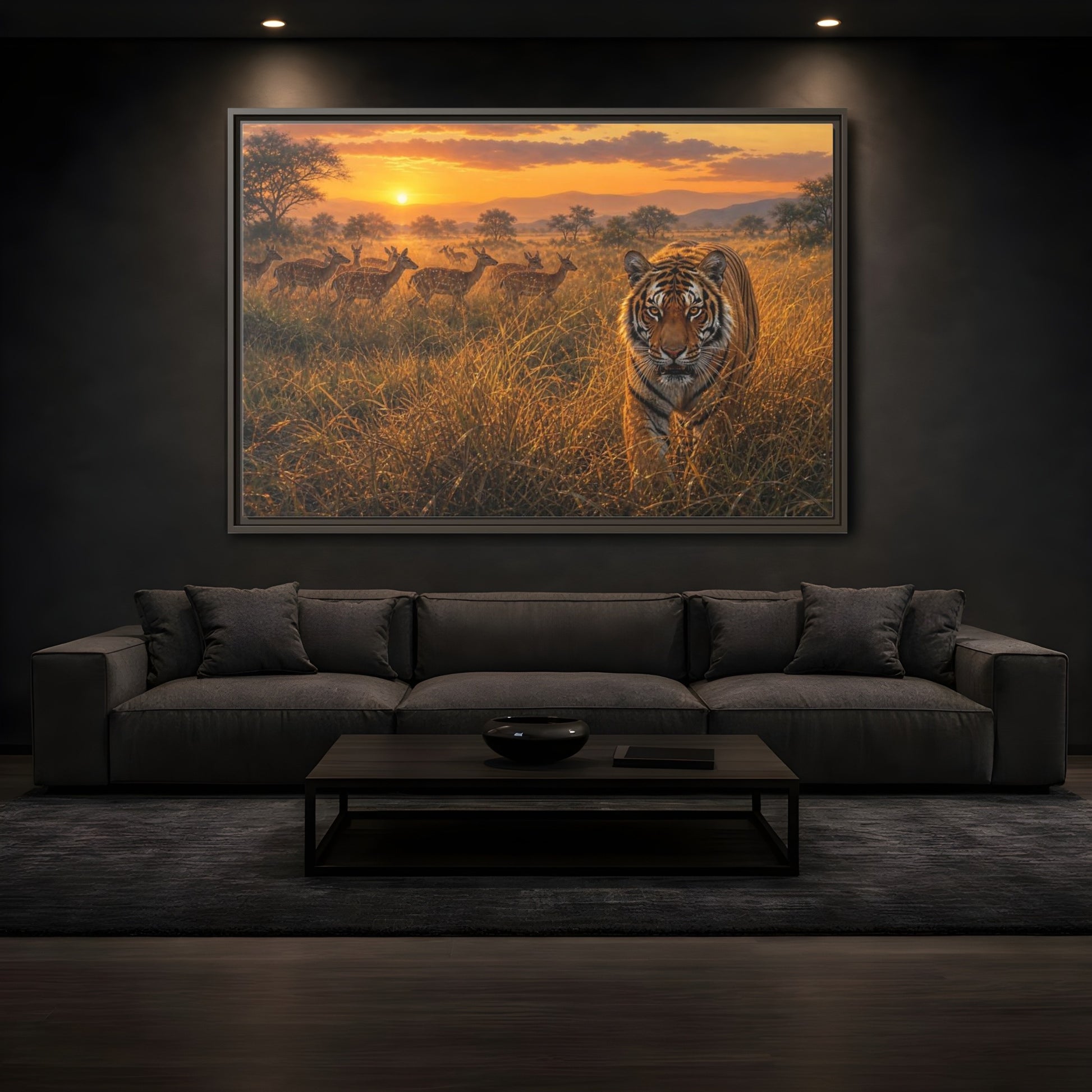 Mockup 3. Tiger And Deer At Sunset shown as framed canvas print