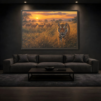 Mockup 3. Tiger And Deer At Sunset shown as framed canvas print