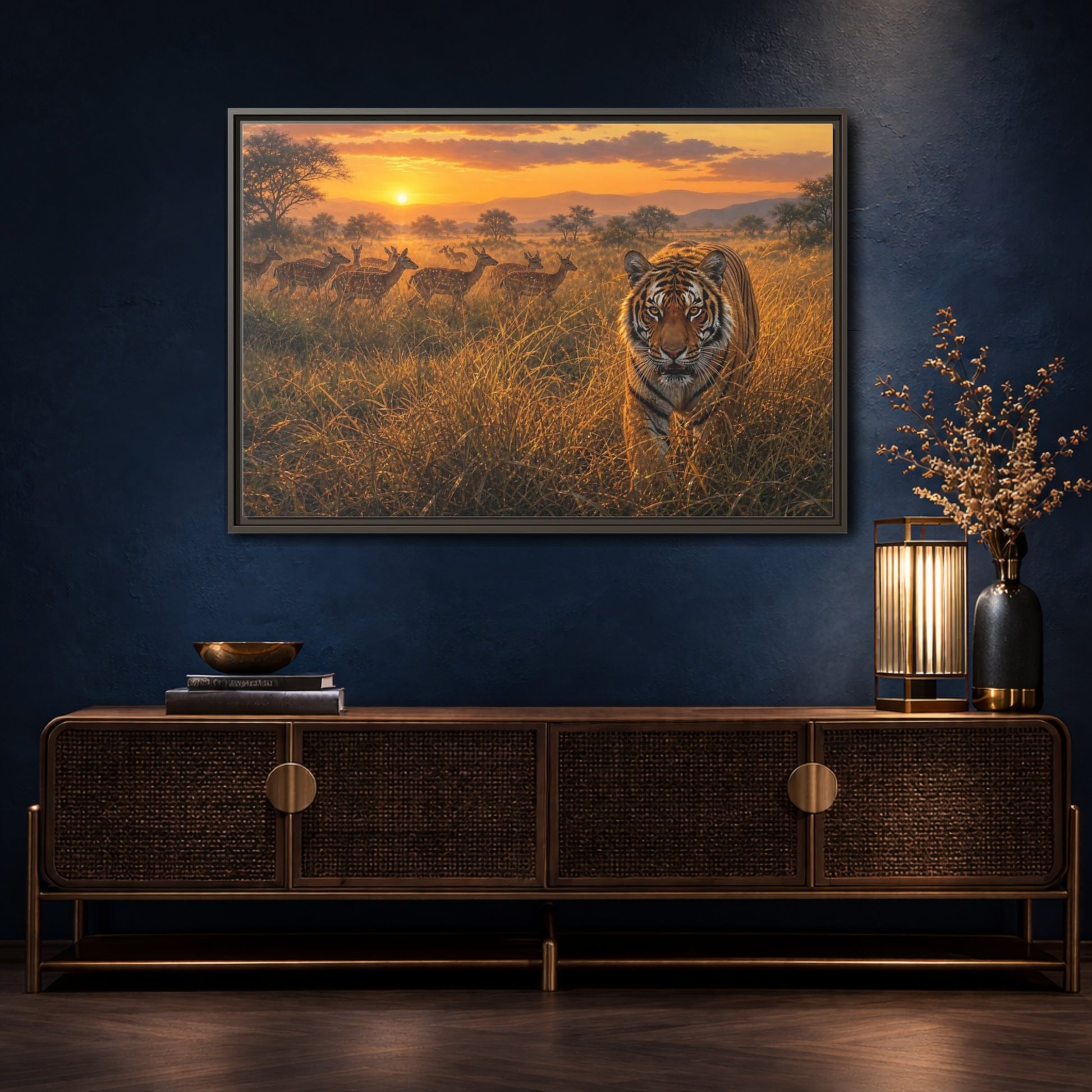Mockup 4. Tiger And Deer At Sunset shown as framed canvas print