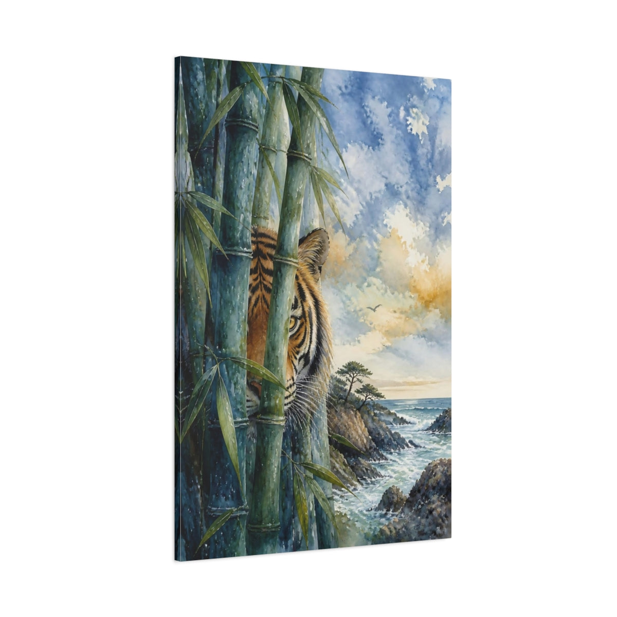 Side Mockup 1. Tiger Animal In Bamboo shown as canvas print