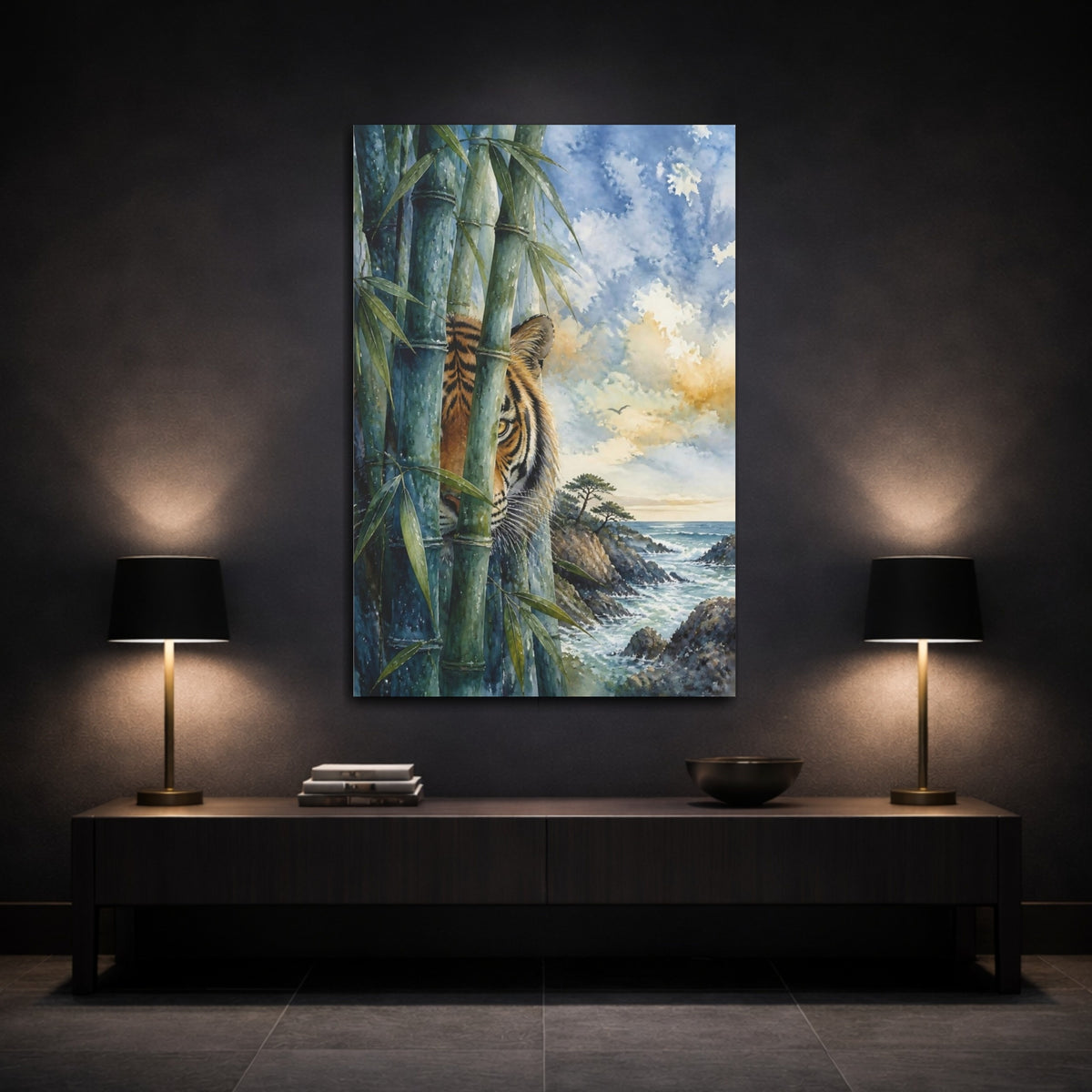 Mockup 3. Tiger Animal In Bamboo shown as canvas print