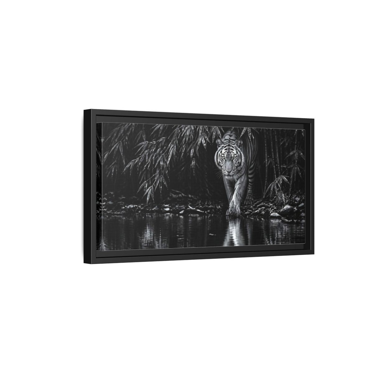 Side Mockup 8. Tiger At Water's Edge shown as framed canvas print