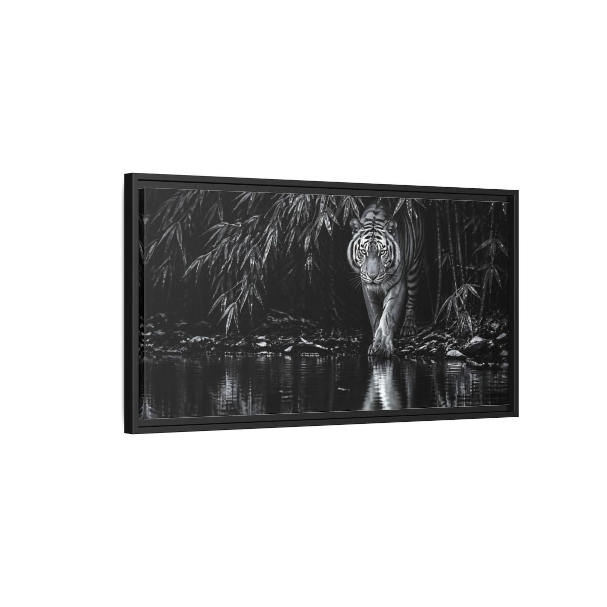 Side Mockup 2. Tiger At Water's Edge shown as framed canvas print