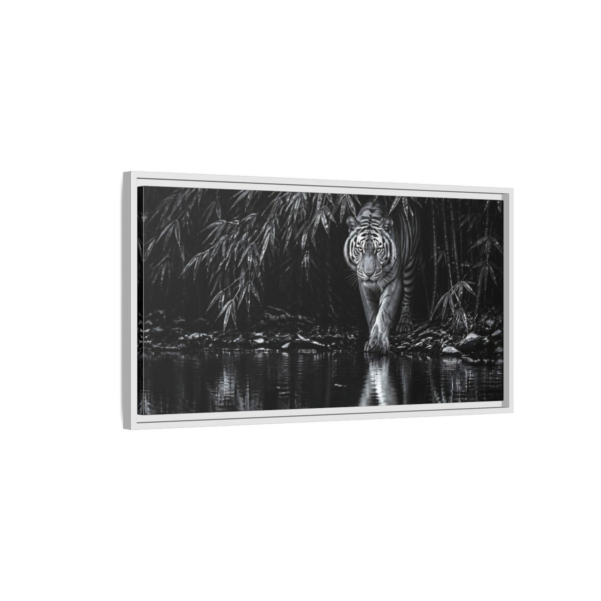 Side Mockup 1. Tiger At Water's Edge shown as framed canvas print