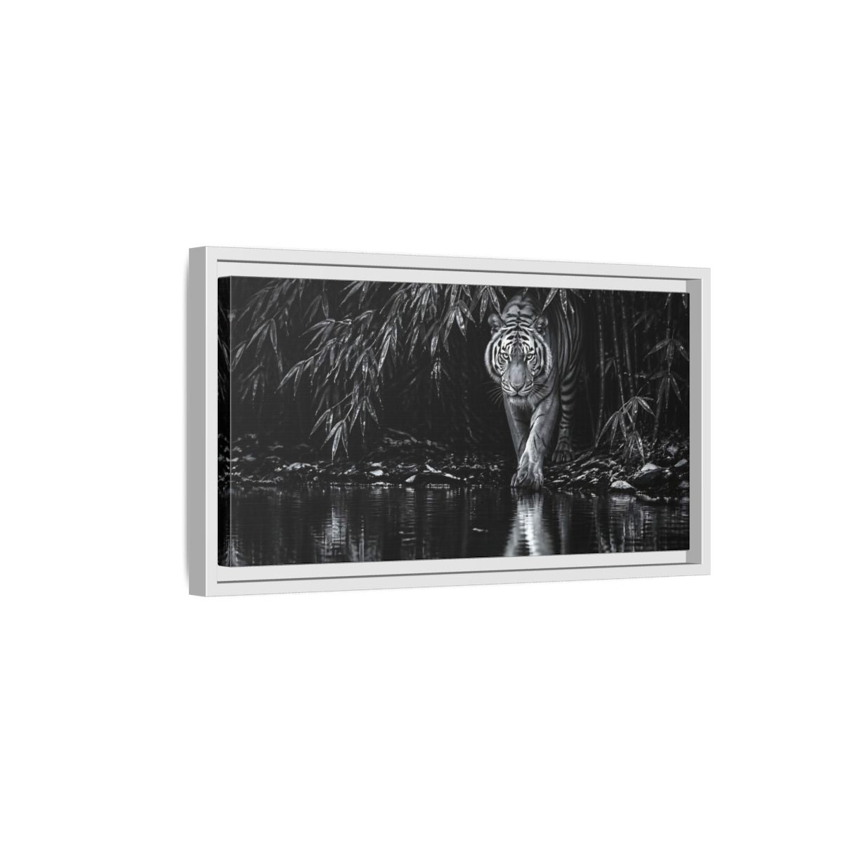 Side Mockup 6. Tiger At Water's Edge shown as framed canvas print