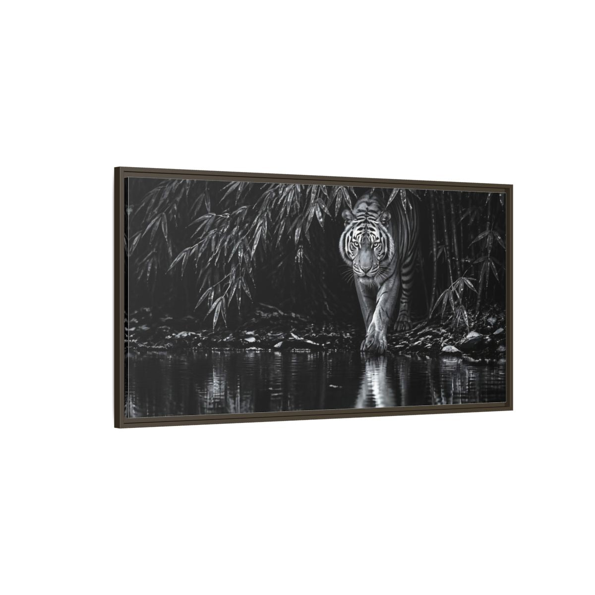 Side Mockup 4. Tiger At Water's Edge shown as framed canvas print