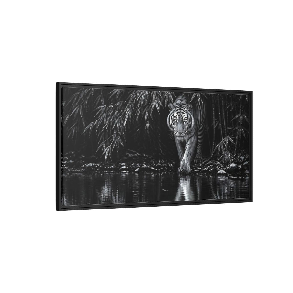 Side Mockup 5. Tiger At Water's Edge shown as framed canvas print