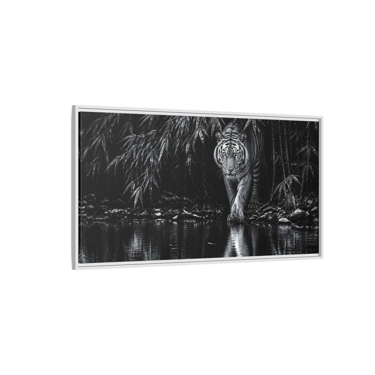 Side Mockup 3. Tiger At Water's Edge shown as framed canvas print