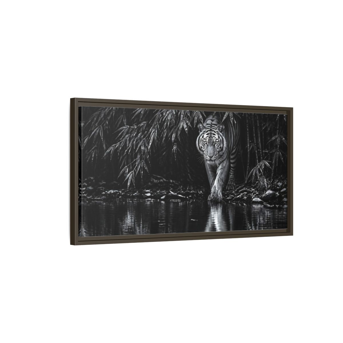 Main Mockup. Tiger At Water's Edge shown as framed canvas print