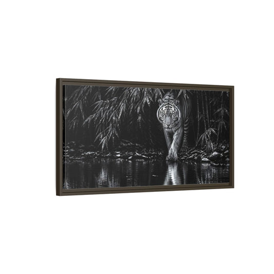Main Mockup. Tiger At Water's Edge shown as framed canvas print
