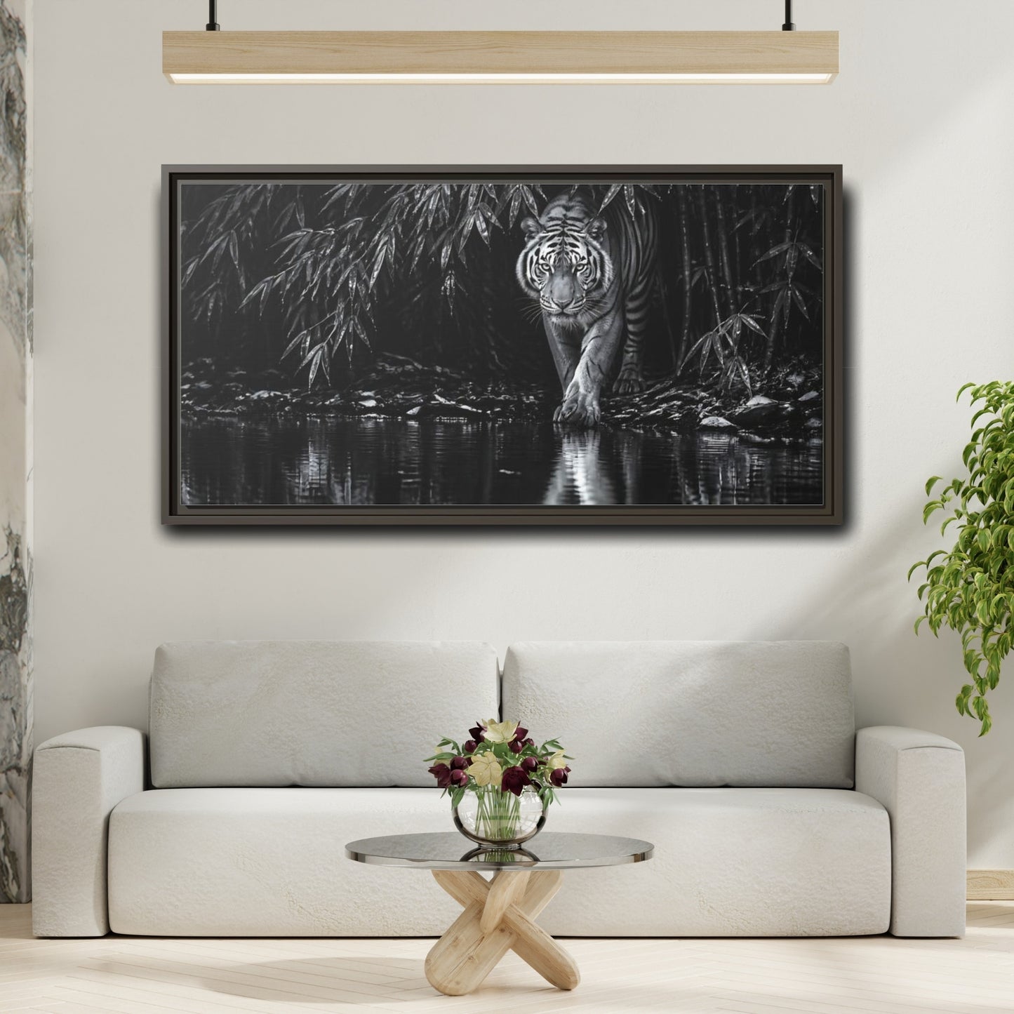 Mockup 2. Tiger At Water's Edge shown as framed canvas print