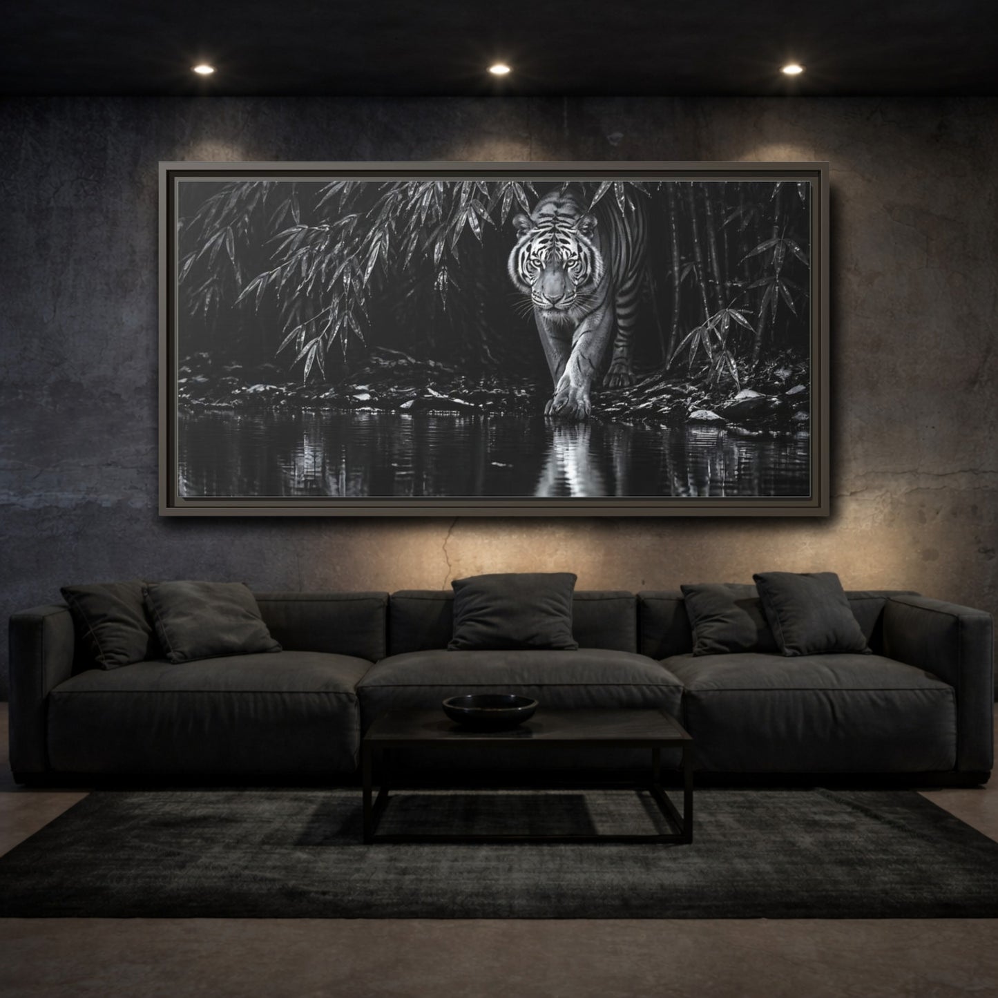 Mockup 3. Tiger At Water's Edge shown as framed canvas print