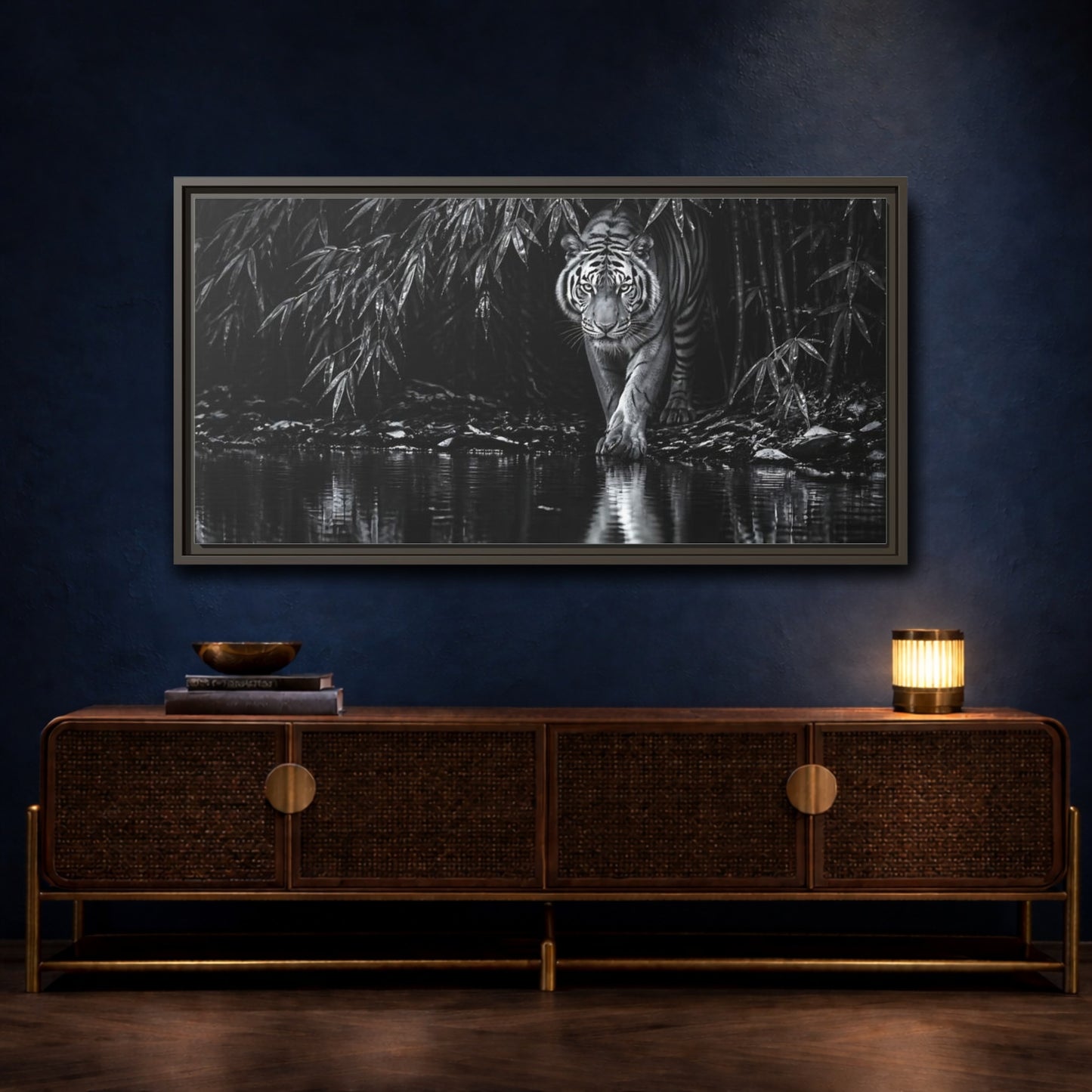 Mockup 4. Tiger At Water's Edge shown as framed canvas print