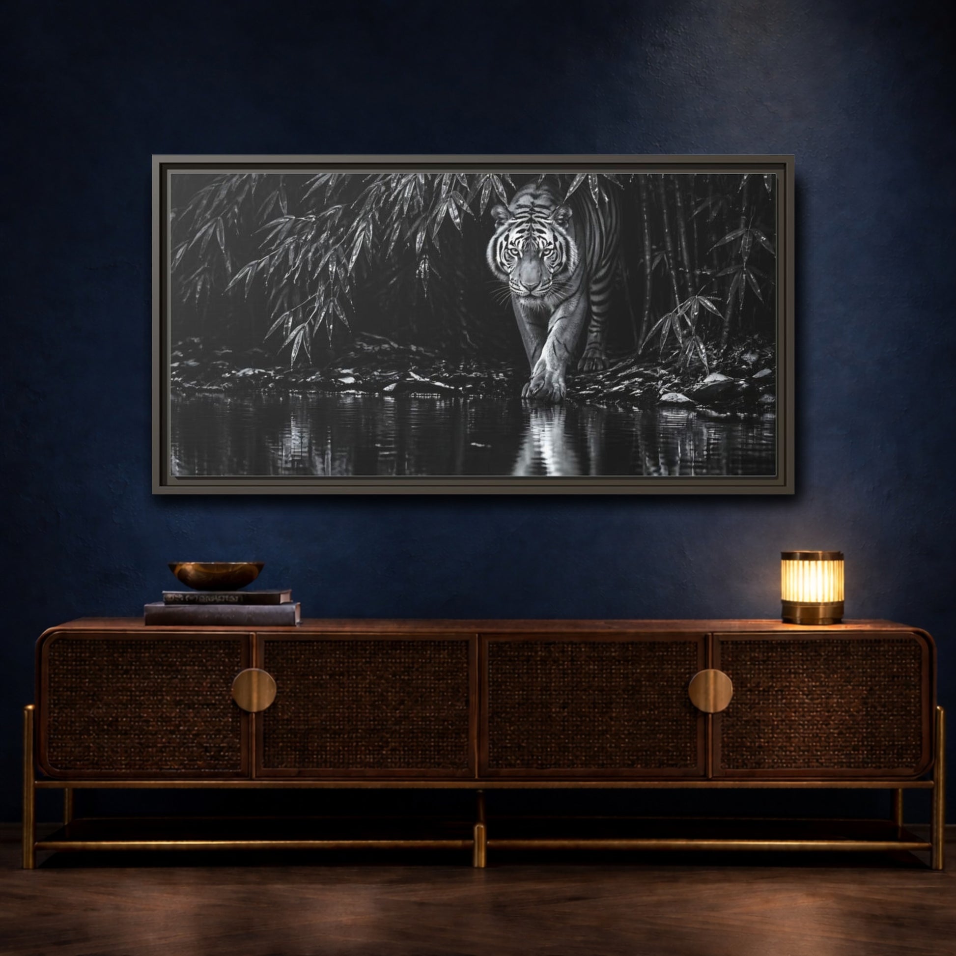 Mockup 4. Tiger At Water's Edge shown as framed canvas print