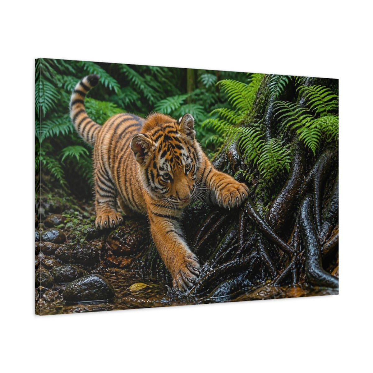 Main Mockup. Tiger Cub In Ferns Animals shown as canvas print