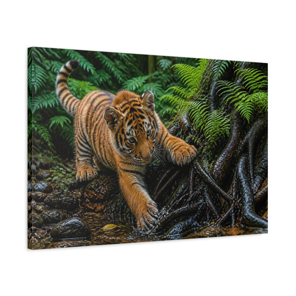 Side Mockup 2. Tiger Cub In Ferns Animals shown as canvas print