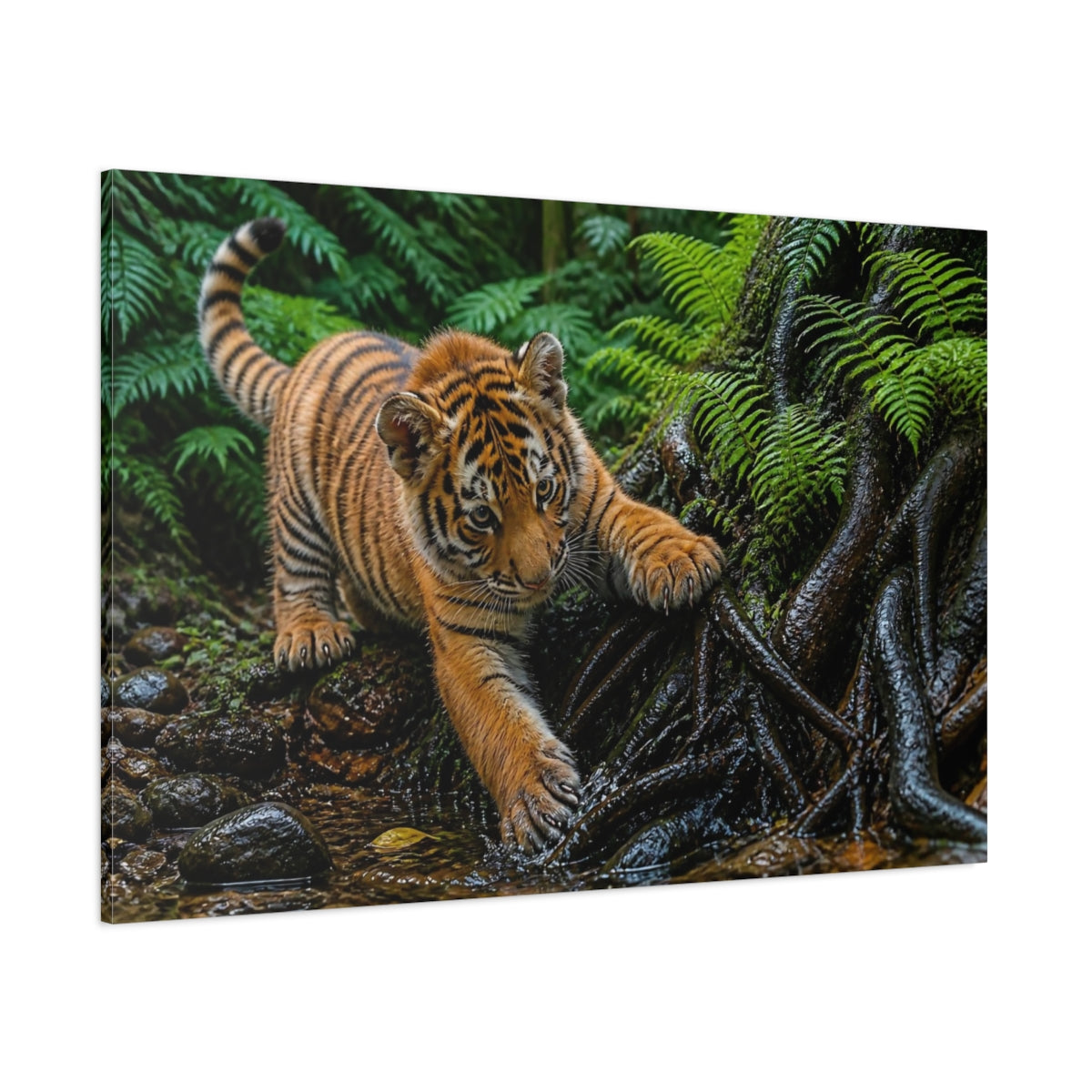 Side Mockup 1. Tiger Cub In Ferns Animals shown as canvas print