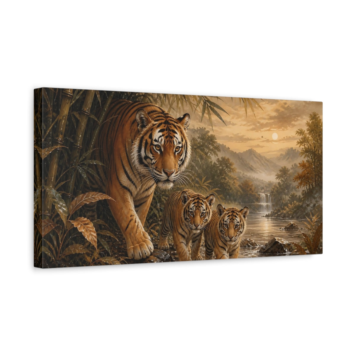 Side Mockup 3. Tiger Family At Dusk shown as canvas print