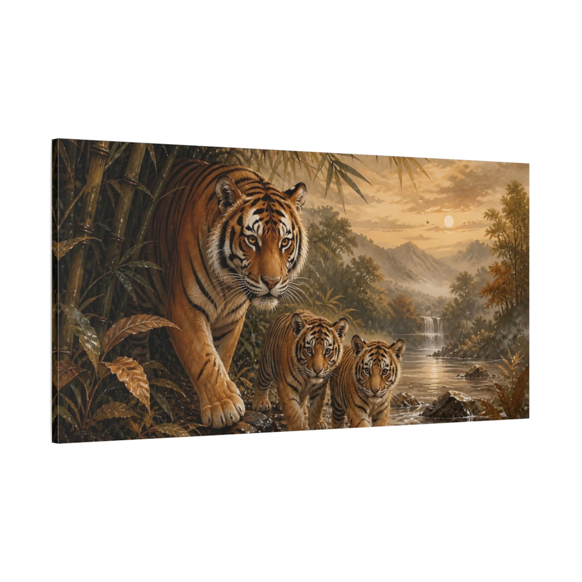 Side Mockup 2. Tiger Family At Dusk shown as canvas print