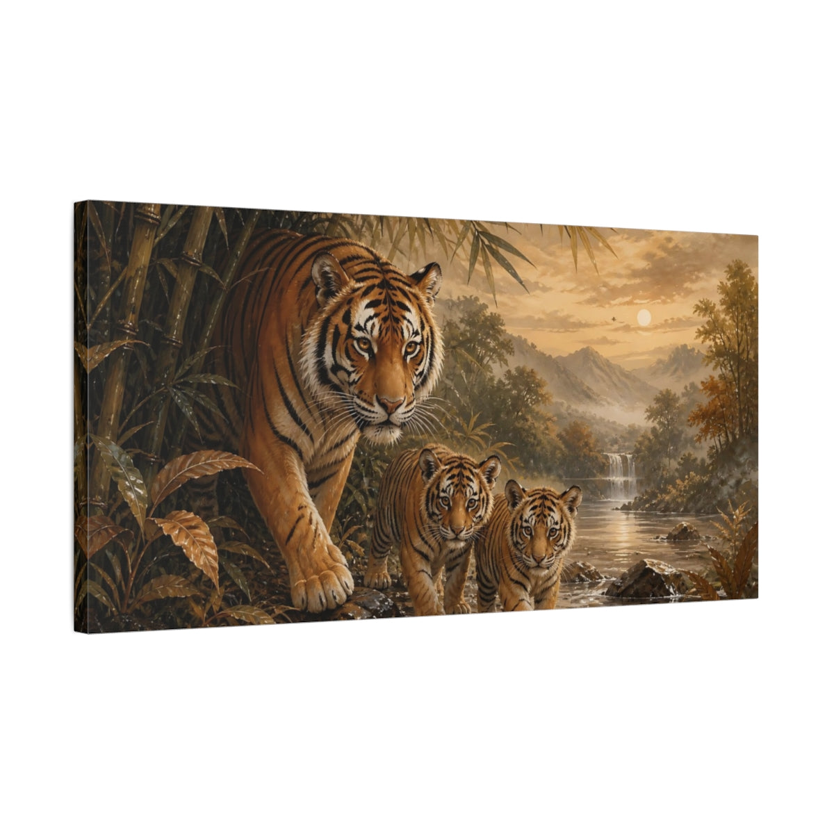 Side Mockup 1. Tiger Family At Dusk shown as canvas print