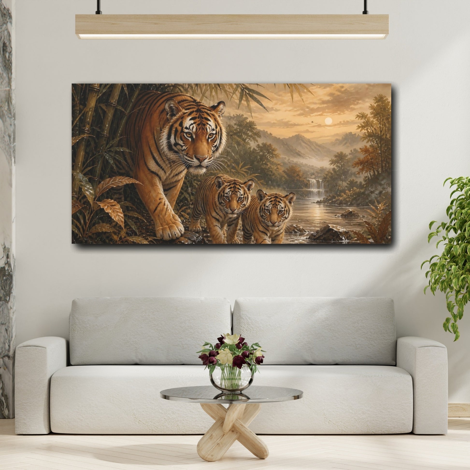 Mockup 2. Tiger Family At Dusk shown as canvas print