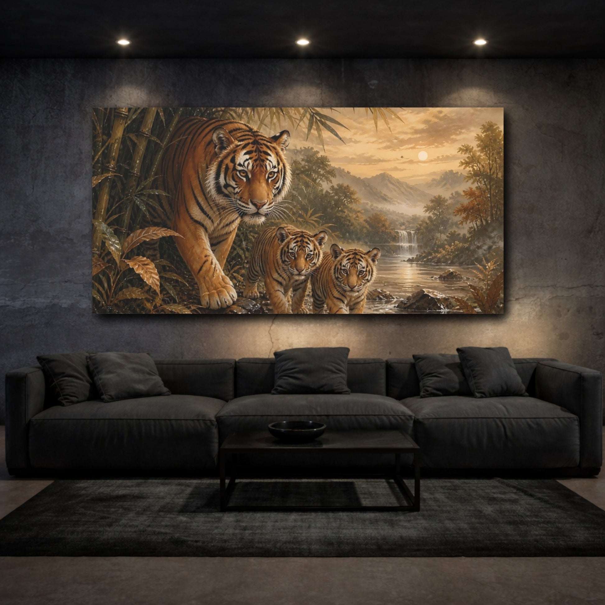 Mockup 3. Tiger Family At Dusk shown as canvas print