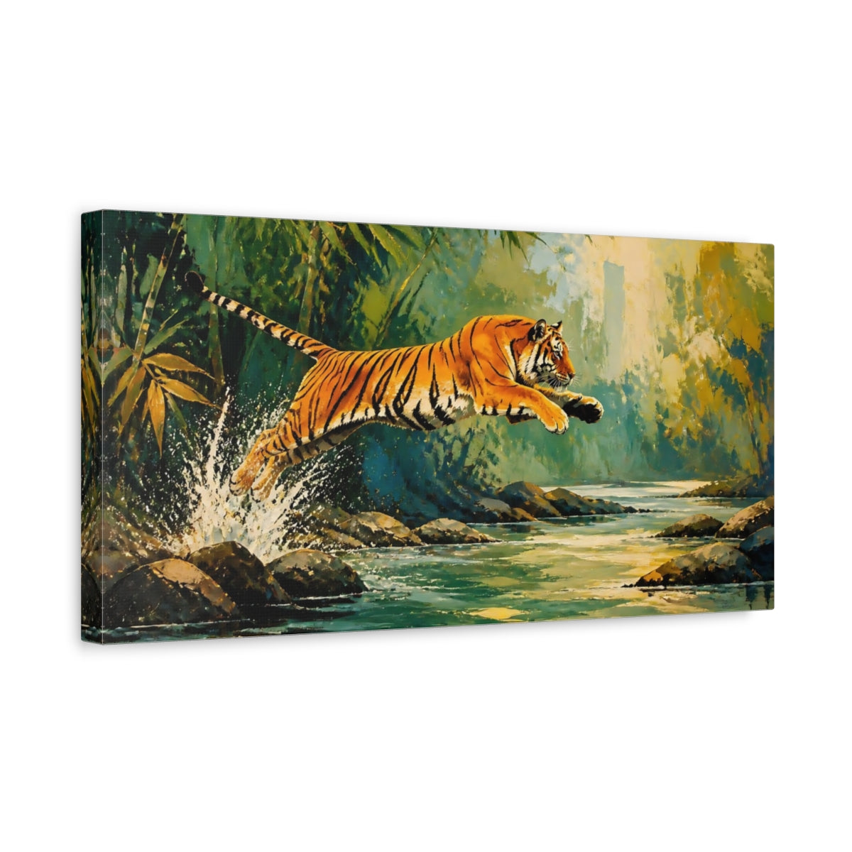 Side Mockup 3. Tiger Leaping Across Stream shown as canvas print
