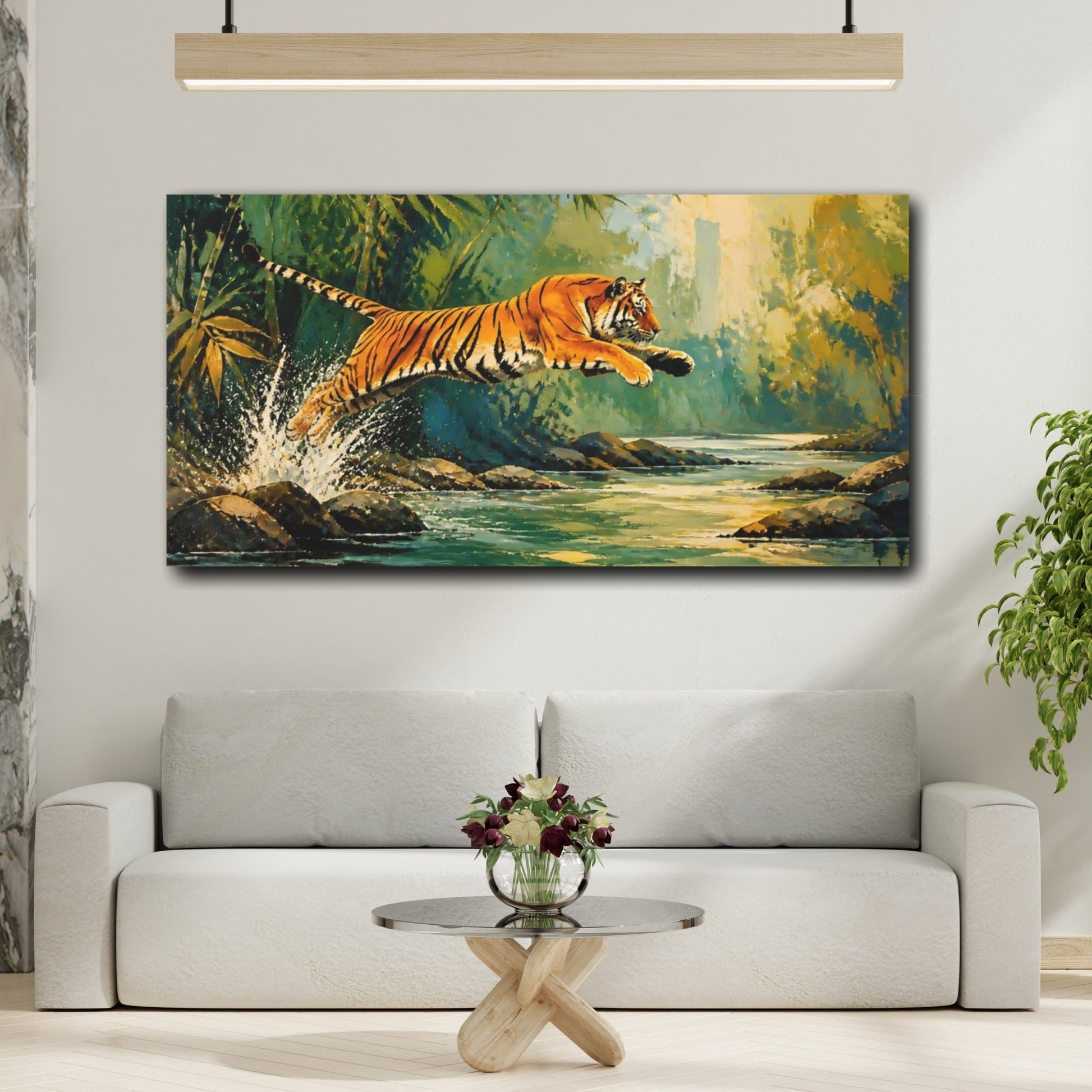 Mockup 2. Tiger Leaping Across Stream shown as canvas print