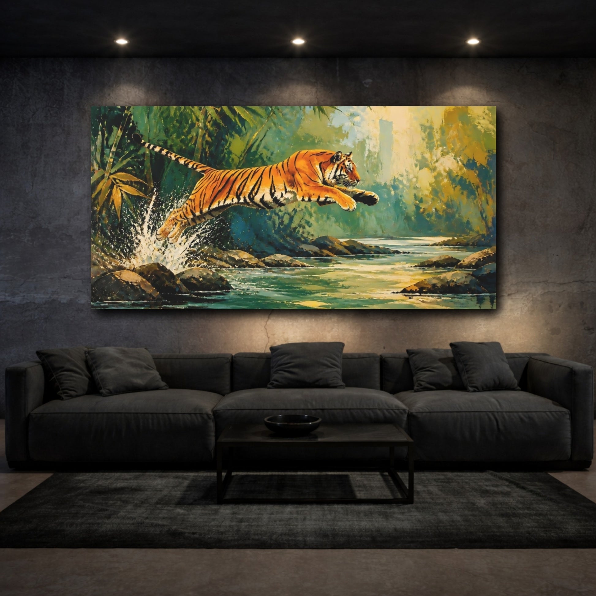 Mockup 3. Tiger Leaping Across Stream shown as canvas print