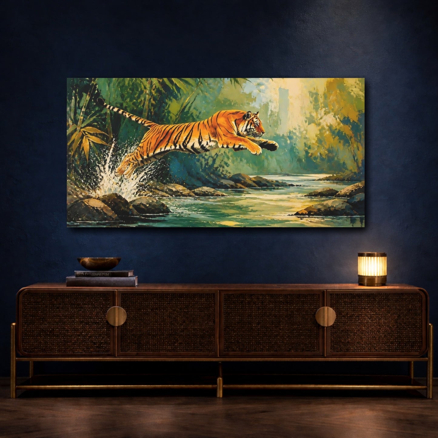 Mockup 4. Tiger Leaping Across Stream shown as canvas print