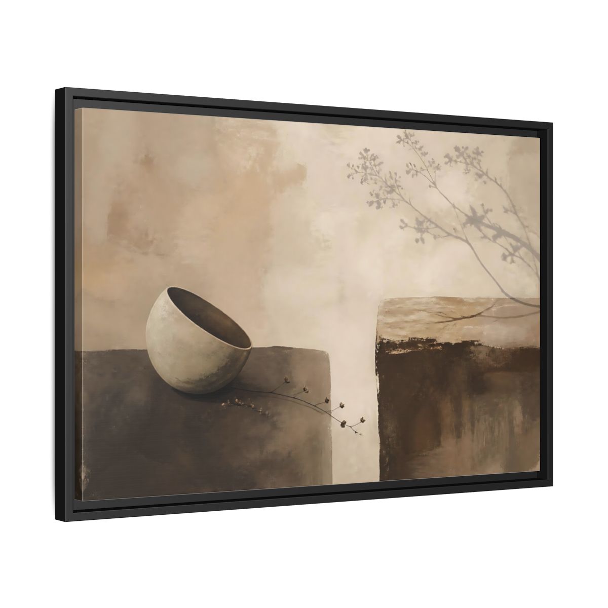 Side Mockup 14. Tilted Bowl With Branch Shadow shown as framed canvas print