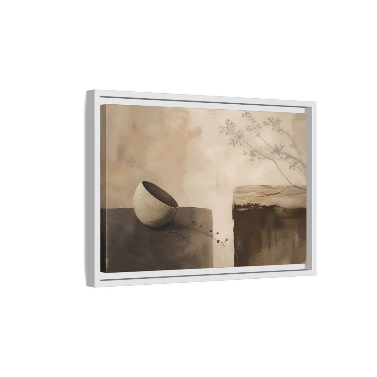 Side Mockup 4. Tilted Bowl With Branch Shadow shown as framed canvas print