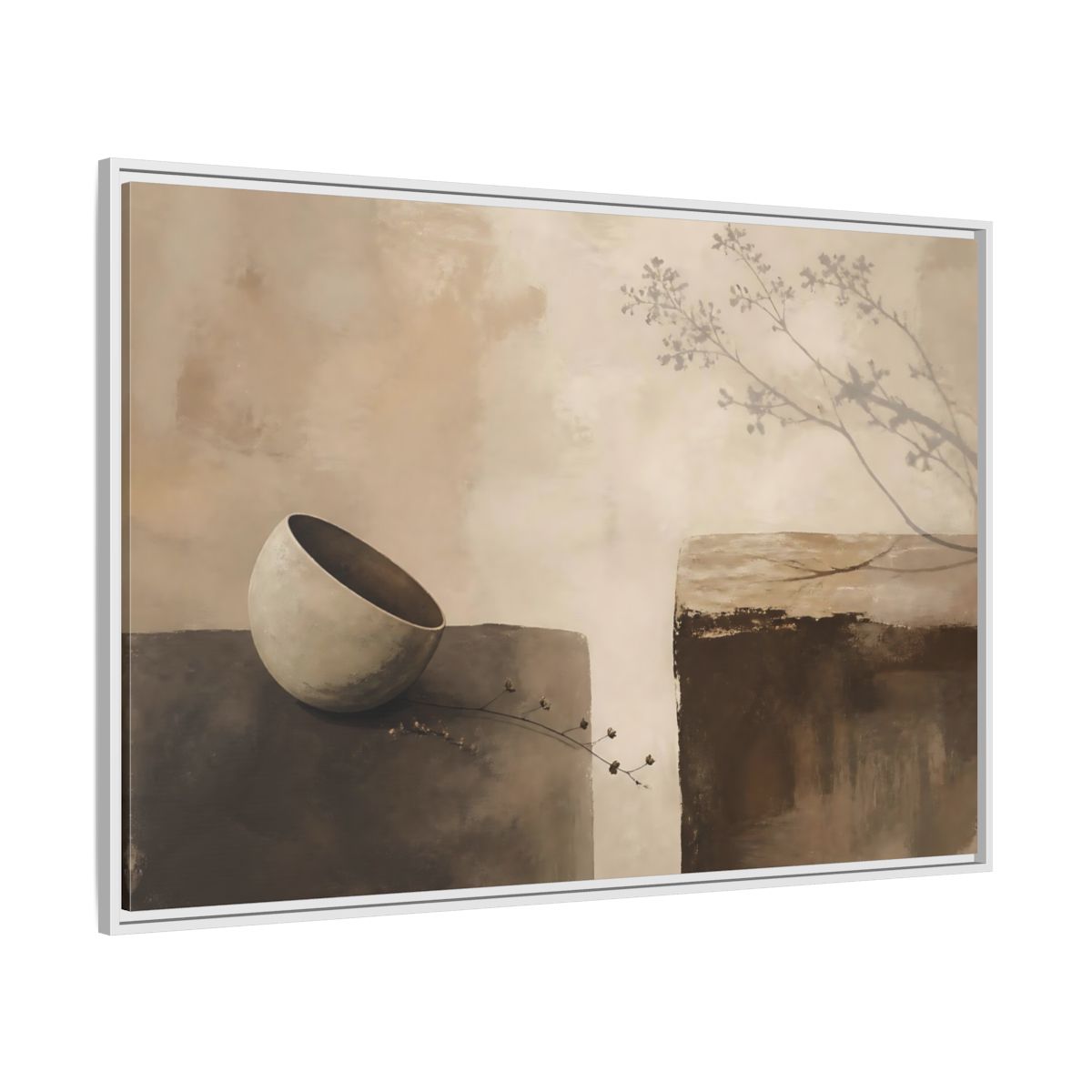 Side Mockup 7. Tilted Bowl With Branch Shadow shown as framed canvas print