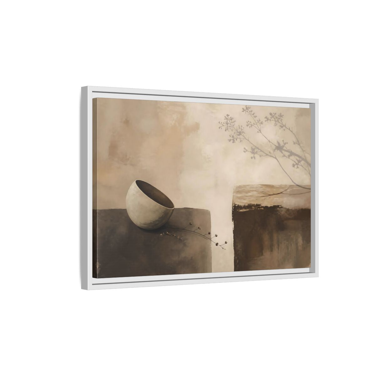 Side Mockup 1. Tilted Bowl With Branch Shadow shown as framed canvas print