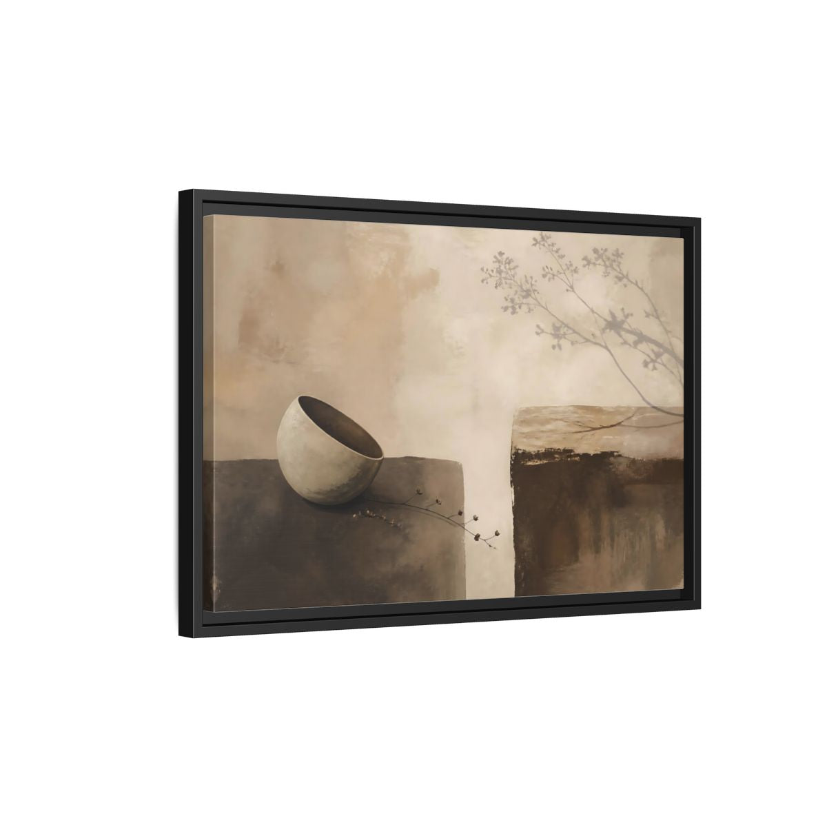 Side Mockup 3. Tilted Bowl With Branch Shadow shown as framed canvas print