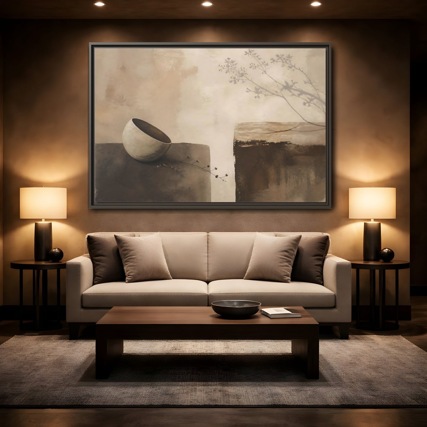 Mockup 2. Tilted Bowl With Branch Shadow shown as framed canvas print