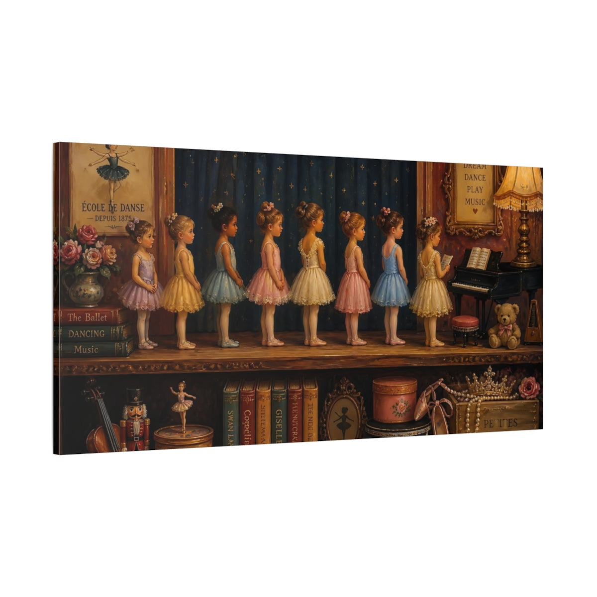 Side Mockup 2. Tiny Ballerinas On Stage shown as canvas print